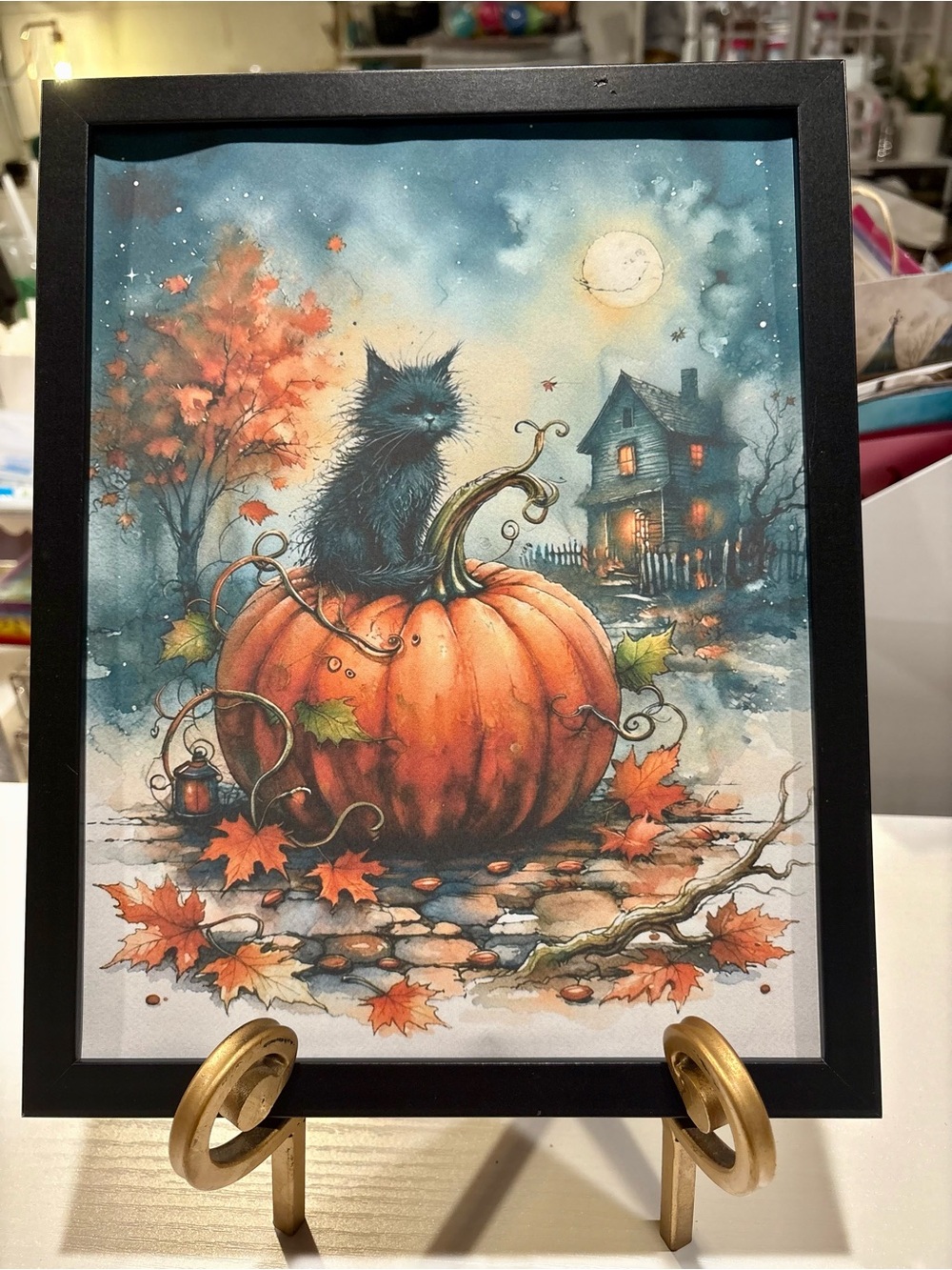 Framed Halloween Cat on Pumpkin 8x10 Art Print